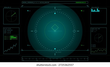 A digital display shows a central graphic with multiple data points. Displays graphs and metrics on the side. The setting is dark, emphasizing the data visuals.