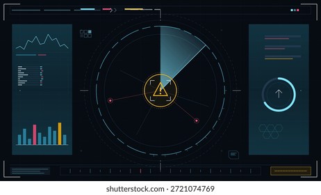 Uma tela digital mostra um gráfico circular e vários gráficos e métricas em uma instalação de pesquisa. A tela apresenta dados importantes com diferentes indicadores em um ambiente técnico.