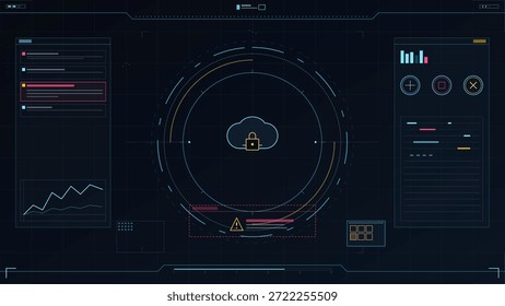A digital display shows a cloud icon with a lock symbol in the center. Warning signs and graphs appear around it. Different elements suggest security issues and data monitoring.