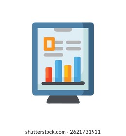 A digital display shows a colorful bar graph. The display also has a document icon. Flat and modern style.
