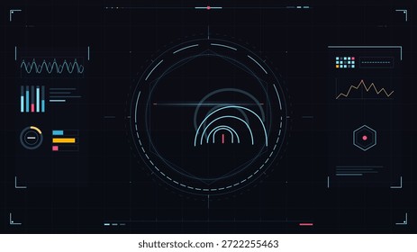 A digital display shows graphs, charts, and waveforms on a dark background. The graphics are organized in a circular and rectangular layout for data analysis and monitoring.