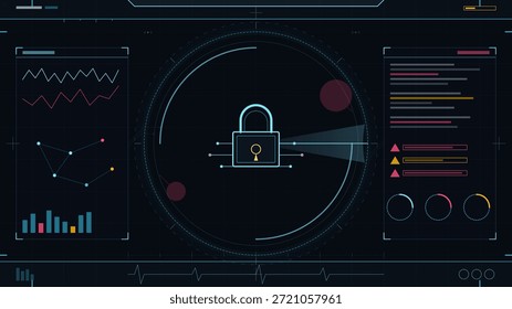 Una pantalla digital muestra un icono de candado junto con varios gráficos de datos y gráficos. Esto es parte de un sistema de monitoreo de seguridad utilizado para la protección y el análisis de datos.