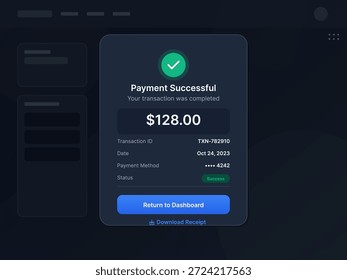 Una pantalla digital muestra un mensaje de pago exitoso con la cantidad de $ 128.00, incluyendo ID de transacción, fecha, método de pago y Estado en un fondo oscuro.