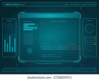 Una pantalla digital muestra las métricas del sistema y el Estado de la red. El bloqueo de destino se muestra con opciones para inicializar y ejecutar comandos. Se muestra el nivel de cifrado.