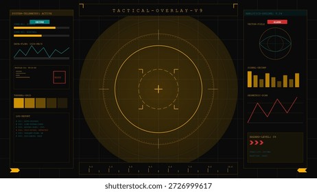 A digital display shows a tactical overlay with various graphs and data metrics. Different sections highlight system status and visual indicators in a technical layout.