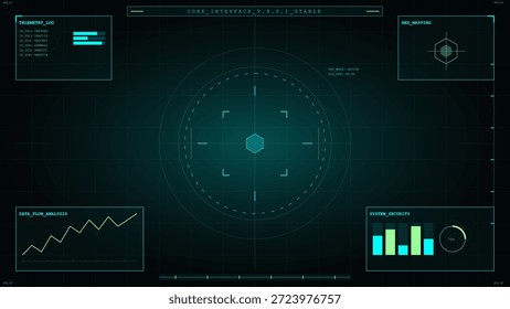 Una pantalla digital muestra registros de telemetría, análisis de datos y métricas de seguridad del sistema en una interfaz oscura. El diseño presenta gráficos y gráficos con puntos de datos precisos.