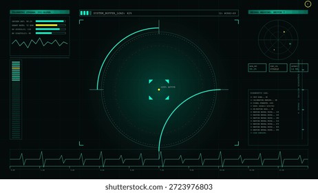 A digital display shows various graphs, readings, and metrics. The screen has a green and black color scheme. Data points and indicators highlight different statistics and information.
