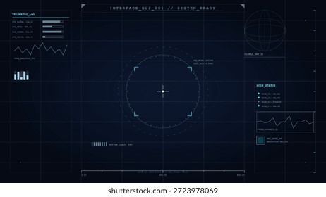 Ein digitales Display zeigt verschiedene Grafiken und Datenpunkte zum Telemetrie- und Systemstatus. Die Schnittstelle überwacht Echtzeitinformationen mithilfe grafischer Elemente und Indikatoren.