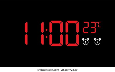 Tela digital de tempo às 11:00 com temperatura de 23 graus Celsius em vermelho sobre um fundo preto, mostrando as configurações do despertador para tecnologia moderna