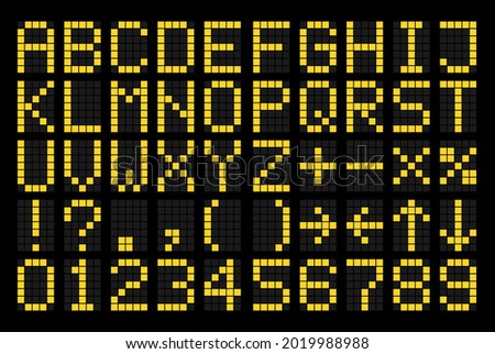 Digital display vector high quality font set - Yellow pixelated typeface letters and numbers on black background 