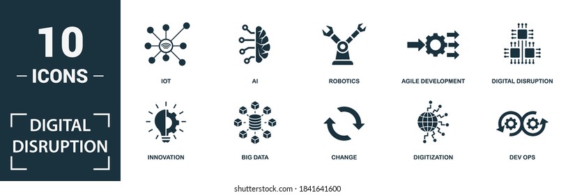 Digital Disruption icon set. Collection of simple elements such as the digitization, dev ops, technology, digital product. Digital Disruption theme signs.