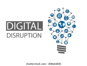 Digital disruption vector illustration. Concept of disruptive business ideas like computing everywhere, analytics, smart machines, cloud, web-scale IT, mobility, internet of things (IOT)