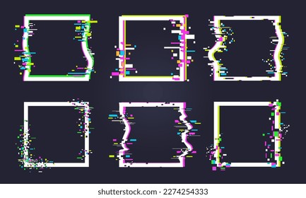 Digital distortion frames. Glitch abstract frames, pixelated noise borders, glitch effect flat vector illustration set. No signal glitch elements