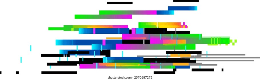 Digital distortion generating a glitch effect with colorful horizontal lines and pixelated squares, ideal for technology, internet or error concepts