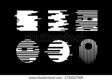 Digital distortion geometric shape modern icon design set for technology. Data noise geometric form silhouette element design pack for industry. Abstract glitch with circle and square shape symbol set