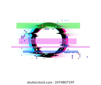 Distorsión digital. Gráficos de marco redondo en el estilo de los glitches de neón, que muestran los efectos del caos y los errores sobre un fondo blanco en el diseño de Vector