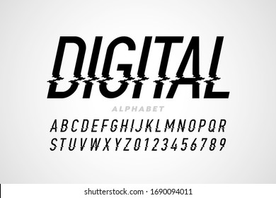 Digital distortion style font, capital letters and numbers vector illustration