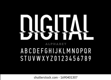 Digital distortion style font, capital letters and numbers vector illustration