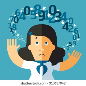 Digital dizziness. Digit floating around a persons head.  Flat vector business illustration.