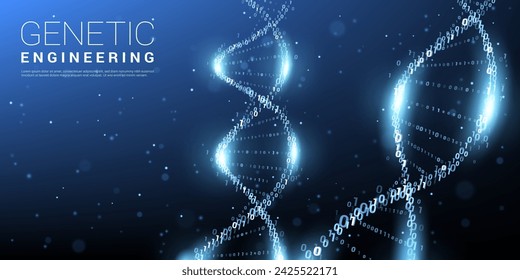 Adn digital, código genómico molecular binario. Banner científico vectorial con estructura helix brillante de neón futurista. Codificación molecular de ingeniería genética, plantilla para tecnología de medicina o bioquímica