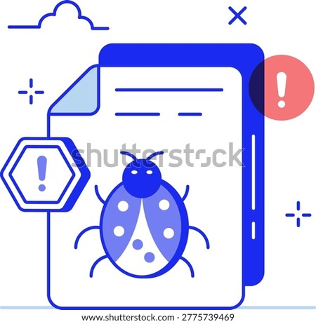 A digital document with a bug symbol and warning alert icons displayed prominently. This represents software vulnerability and malware threats in a cybersecurity context.