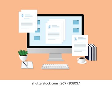 Digital Document Management Concept: Flat Vector Illustration of a Computer Screen with Multiple Resumes and Files Floating in a Minimalist Workspace.