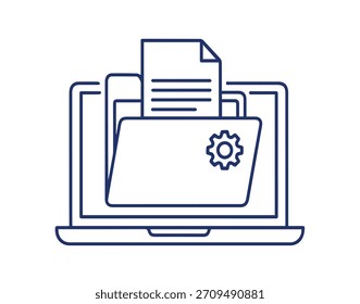 Ícone de gerenciamento de documentos digitais em um laptop com pastas organizacionais e configurações