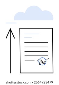Digital document with signature moving upwards towards a blue cloud icon. Ideal for digital signatures, cloud storage, online security, remote work, data management, document sharing, cloud