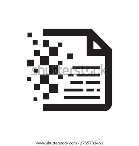 Digital document transfer icon with pixel data effect for cloud storage synchronization and paperless electronic file management system