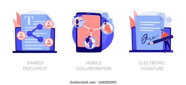 Digital Documentation, Remote Colleagues Connection, Contract Signing Icons Set. Shared Document, Mobile Collaboration, Electronic Signature Metaphors. Vector Isolated Concept Metaphor Illustrations