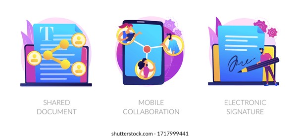 Digital documentation, remote colleagues connection, contract signing icons set. Shared document, mobile collaboration, electronic signature metaphors. Vector isolated concept metaphor illustrations