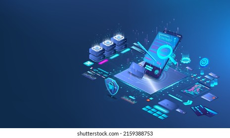 Digital documents, smart contract, agreements and treaty online. Isometric blue illustration smart contract concept. Digital format agreements with electronic documents. Signature, fingerprint in App