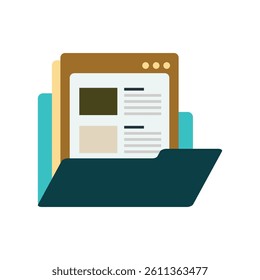 Digital Documents Stored in a Folder Icon, A colorful flat icon showcasing a folder containing digital documents, possibly a website or report.