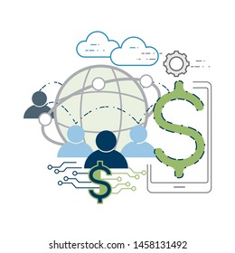 Digital dollar can be used by consumer with internet connection, not restricted to national borders. Future digital money symbol. vector illustration outline flat design style.