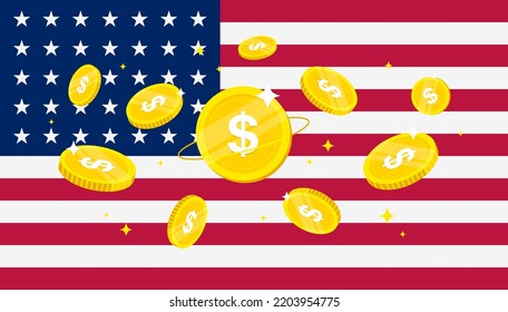 Digital Dollar coins on USA flag background. Central Bank Digital Currency (CBDC) concept banner background.