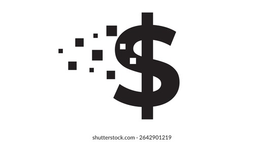 Digital Dollar Data Vector – Flying Squares Behind $ Dollar Symbol, Money Icon, Modern Financial Tech Design for Investment, Finance App, Cryptocurrency or Business Template, Vector Icon Design
