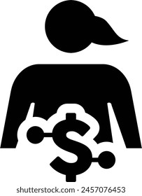 Digital dollar icon vector currency symbol with female user person profile avatar for digital currency in a glyph pictogram illustration