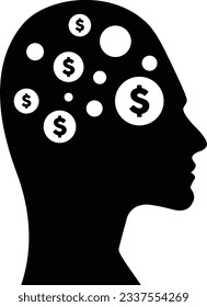 A digital dollar sign icon is displayed on a futuristic human profile face with a brain chip implant for artificial intelligence finance and money mind illustration.
