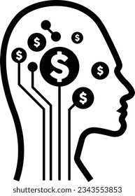 A digital dollar sign icon is displayed on a futuristic human profile face with a brain chip implant for artificial intelligence finance and money mind illustration.