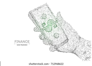 Digital dollars in hand solated low poly wireframe on white background. Cash and finance. Vector abstract polygonal image mash line and point with an inscription.