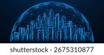 The digital dome of the city. A hemisphere rises above the skyscrapers, resembling a protective dome or network structure. Polygonal design of interconnected elements. Blue background.