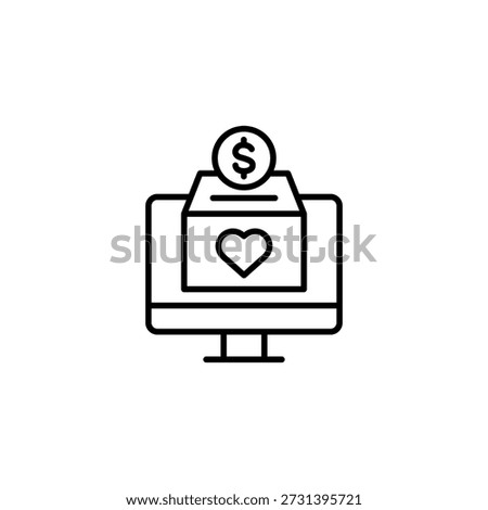 Digital Donation Box On Computer Screen Outline Icon For Online Charity