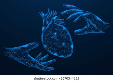 Digital donation of human heart. Two hands protect the organ. The concept of care, technology, and the fragility of medical procedures such as heart transplantation or organ donation.