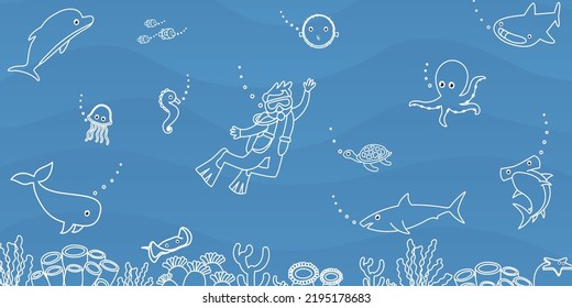 Digital doodled illustration of sea creatures with a scuba diver.  