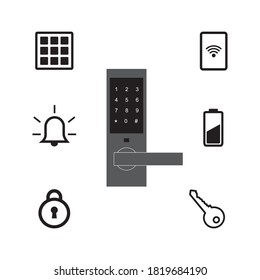 cerradura de puerta digital con tecnología de iconos, teclado, indicador de batería baja, sistema de bloqueo de tarjetas, alarma incorporada, llave manual y rebloqueo automático