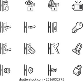 Símbolo de sistema de bloqueio de porta digital, ícones pretos definidos em fundo branco, alta qualidade.