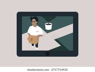 Una cámara digital de timbre que muestra a un mensajero con una camisa colorida sostiene una caja de cartón cuando se acercan a una casa. La escena captura un momento de entrega, mostrando la conveniencia de la tecnología moderna