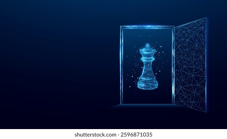 Digital doorway to strategic thinking on a global chessboard illuminated by a glowing king piece. Banner with glowing wireframe low poly door on dark blue background. Abstract vector illustration. 