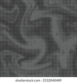 Digital dot half tone black camouflage, twisted texture, seamless waves pattern. Urban military clothing style, masking dotty smoke camo repeat print. Vector background