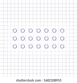 Digital dotted minus, negative symbol. Hand drawn picture on paper sheet. Blue ink, outline sketch style. Doodle on checkered background